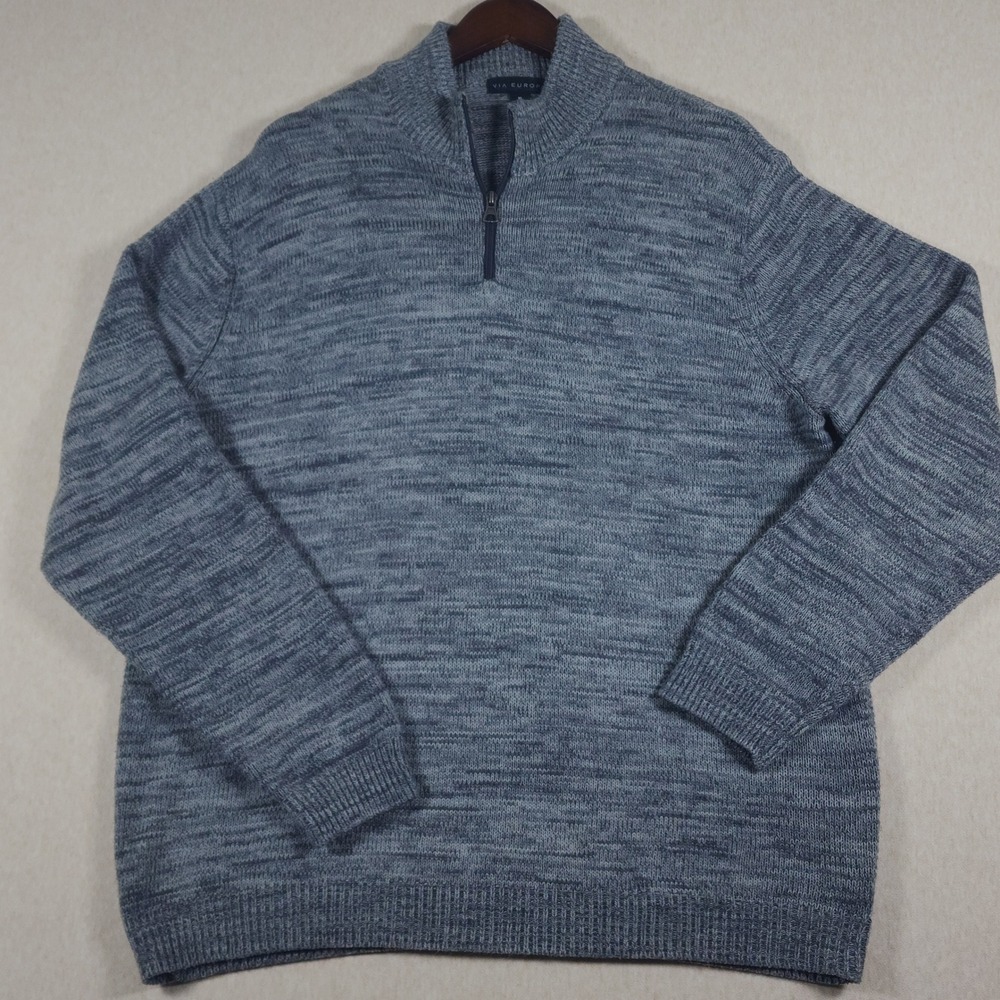 Quarter Zip Sweater Mens XL Blue Grey Marl Knit Mock Neck Grandpa Core Pullover